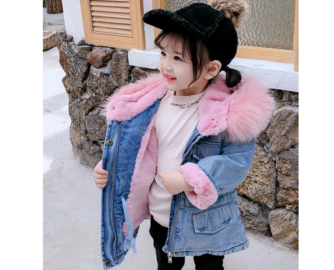 Girl's Eco Fur Hood Denim Coat