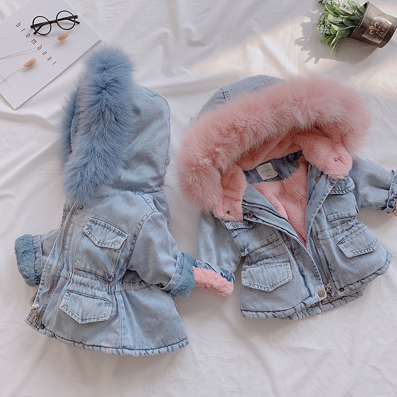 Belle veste en jean et fourrure de lapin pour bébé fille – Image 4